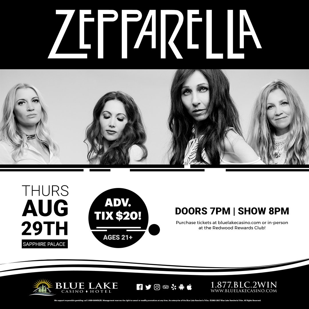 BlueLakeCasino's tweet photo. π Tonight's the night!! Who's ready to ROCK OUT β‘β‘ with zepparella + openers Fever Dog?!? Tickets are now $25! See you there!! #morezepparella
.
.
.
#bluelakecasino #bluelakecasinohotel #sapphirepalace #zepparella #bluelakeca #humboldt #humboldtcounty #ledzeppelintribute https://t.co/spW1fmw2Hw