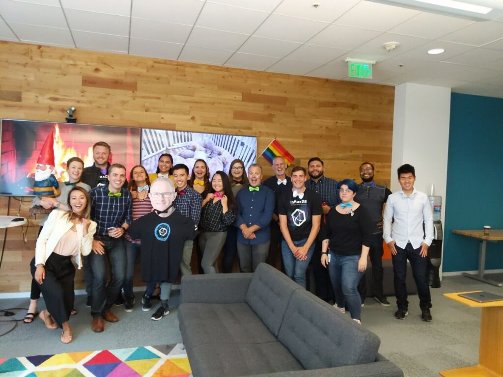 InfluxDB's tweet photo. #TBT to the #InfluxDB team celebrating #NationalBowTieDay. If you enjoy collaborating with highly motivated people who are also fun join our team --> https://t.co/G7ybXdChbi #companyculture #nowhiring #FlatMark https://t.co/AkIzQEYjaz