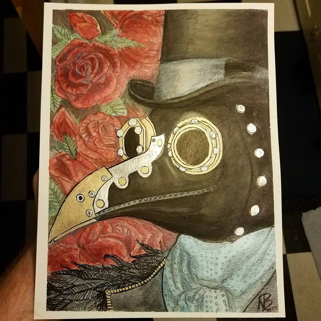 LuckyCrowTweets's tweet photo. Watercolor/ sumi ink painting of plague doctor 💀👍🏻
#contemporaryart #painting #art #draw #watercolour #watercolor #plaguedoctor #crow #feathers #roses #gold #silver #metallic #multimedia #fantasyart #creative #illustrationart #traditionalart https://t.co/BUXUQ954Xy