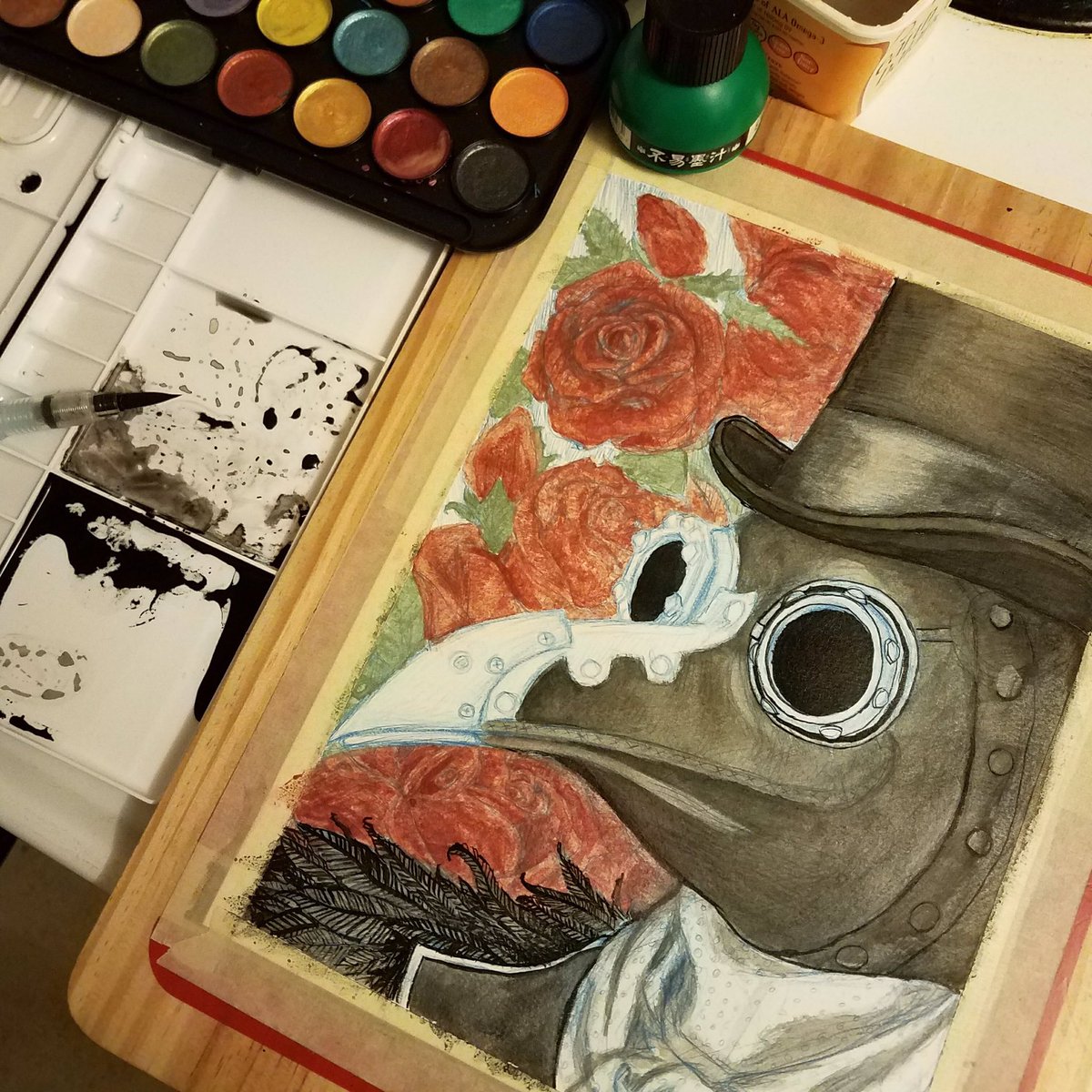 LuckyCrowTweets's tweet photo. Watercolor/ sumi ink painting of plague doctor 💀👍🏻
#contemporaryart #painting #art #draw #watercolour #watercolor #plaguedoctor #crow #feathers #roses #gold #silver #metallic #multimedia #fantasyart #creative #illustrationart #traditionalart https://t.co/BUXUQ954Xy