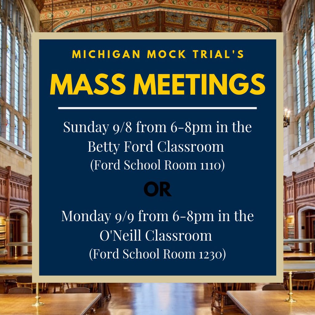 We invite any and all interested students to our informational mass meetings! Learn more about mock trial, how/when to tryout, and meet our fantastic team. 💙〽️