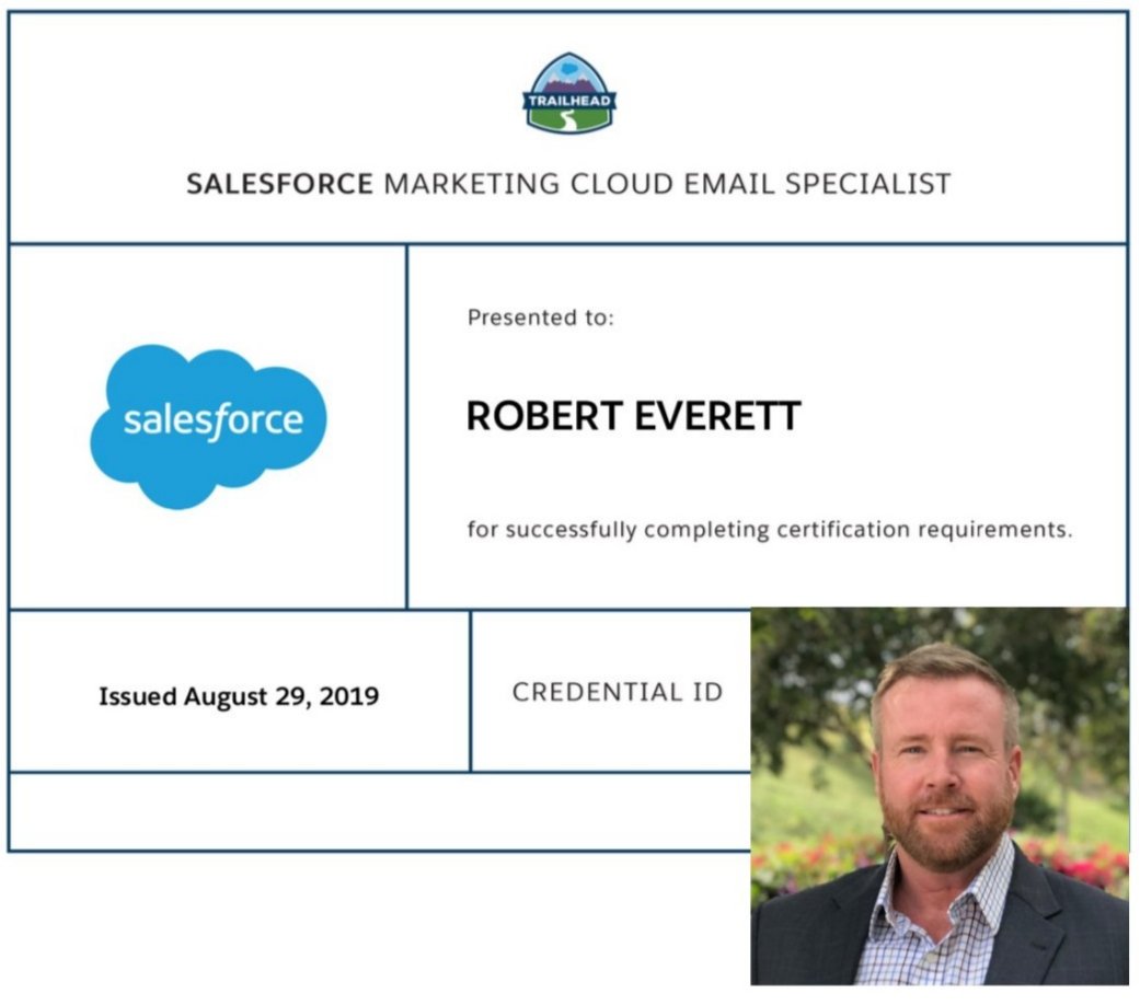 LaRonMarkets__c's tweet photo. Let's all give a High-five 🙌 and a Congratulations to #5 @Robert__Everett @merivis_vets for successfully completing his @marketingcloud Email Specialist Cert 🏆 He's an Airforce Veteran, a Project Manager and Marketing Leader! @Vetforce #Goalto100Percent https://t.co/CCzDeOu9Jj