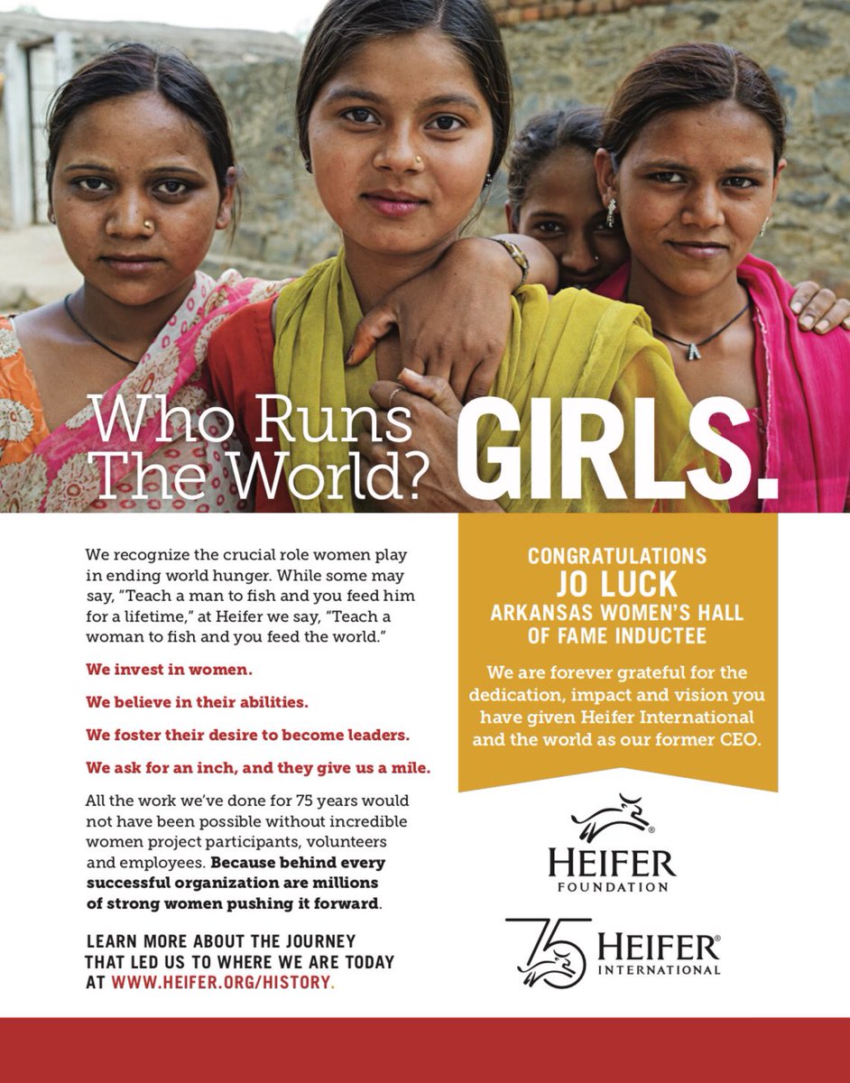 HeiferCEO's tweet photo. Congratulations to @Heifer’s former CEO Jo Luck on being inducted to the Arkansas Women’s Hall of Fame. We honor her as we celebrate our 75th Anniversary. #awhof https://t.co/s7RMq23QEo