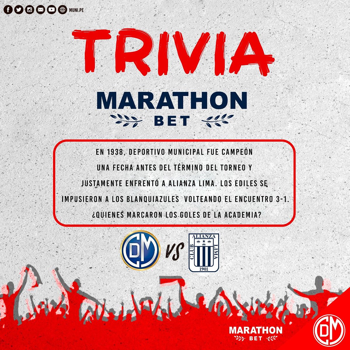 CCDMunicipal's tweet photo. #CDMvsAL ¡Queremos verlos a todos este domingo contra Alianza Lima! Es por eso que La Academia y Marathonbet sortearán 2 entradas dobles entre los que acierten a la trivia ⚪🔴⚪ Sigue a @marathonbet_pe, deja tu respuesta y gana 👈
Bases del concurso: https://t.co/VClVv9D7uX https://t.co/35QMPTWesv