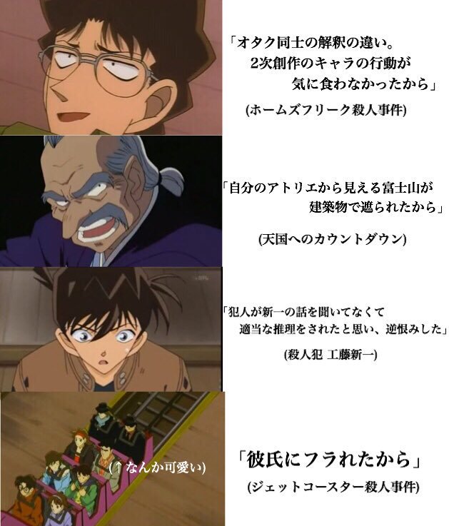 ট ইট র 水野大陽 名探偵コナン の方が 犯人の動機が許せないと思います 命を落とした犠牲者が 不憫に感じます 金田一少年の事件簿 の方は 海堂たちや萬屋たち 斑目紫紋など 被害者側を野放しにすると 高い見込みで新たな犠牲者が出る面子が 多いと