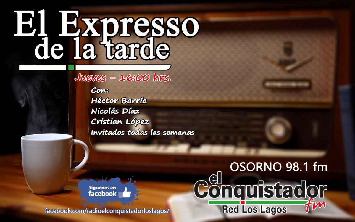 Jueves 05 de Septiembre, una conversación diferente con gusto a noticia. 
El Periodista Nicolás Díaz llevará una conversación clara y sería de la realidad de la #provincia de #Osorno
Escúchalos solo en el Conquistador #Osorno. Jueves de 16:00 a 17:00 horas