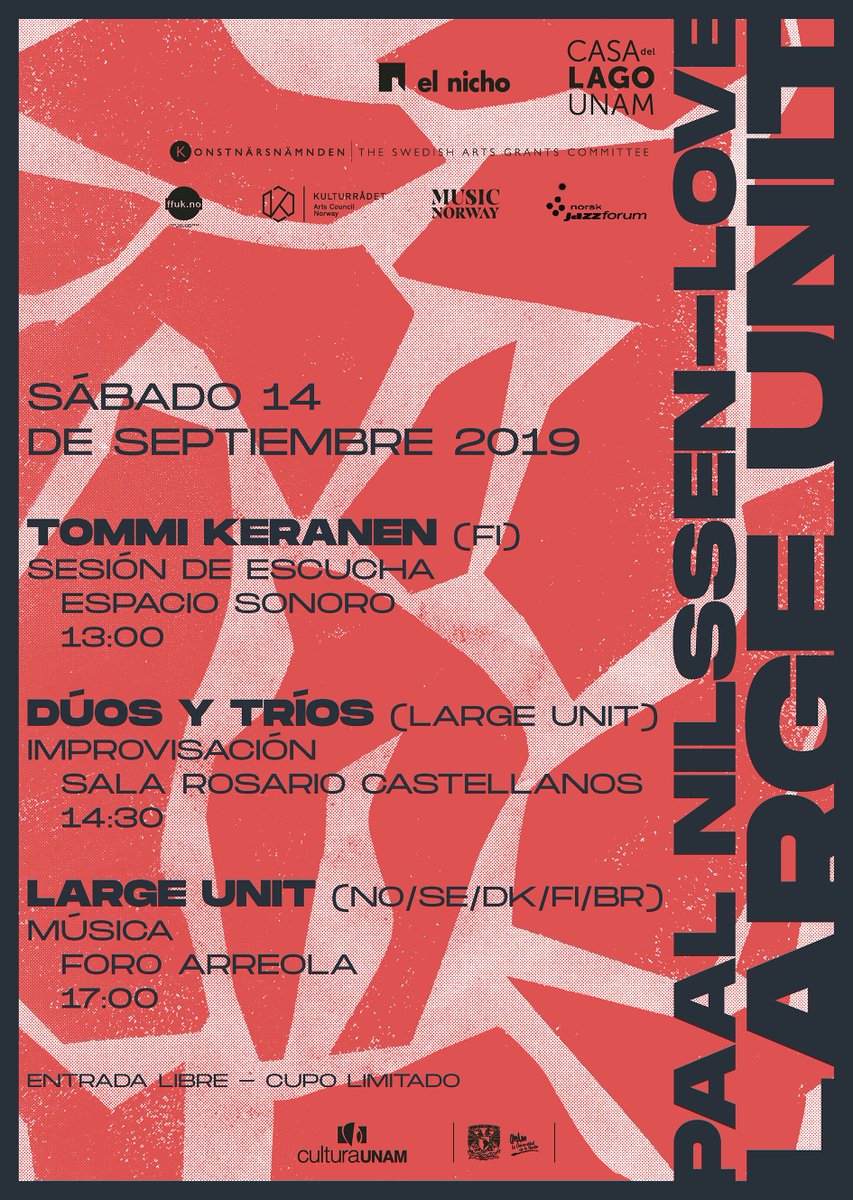 CasadelLago's tweet photo. El prolífico baterista Paal Nilssen-Love regresa a México con el ensamble estelar @PNL_LargeUnit, conformado por 14 músicos internacionales para su primera presentación en nuestro país.
Jornada de conciertos @elnicho: Sábado 14 de septiembre. #EntradaLibre, cupo limitado https://t.co/vctbVy4hIs
