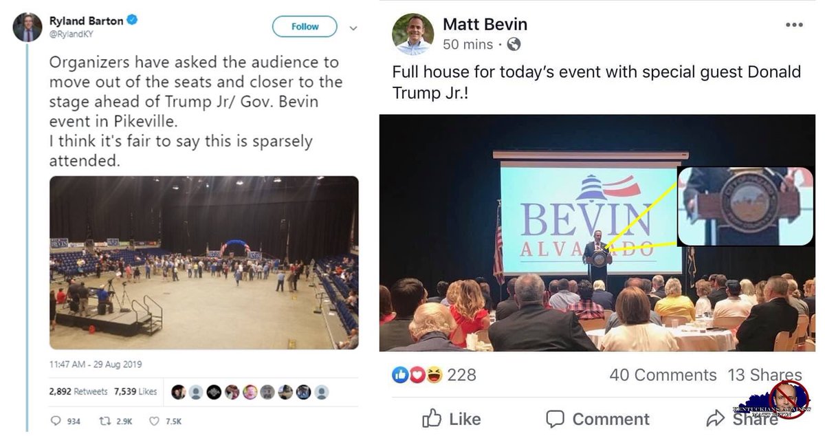 @thedailyveteran @DonaldJTrumpJr @kimguilfoyle @GovernorMBevin Today's rally in Pikeville had such an abysmal turnout that Matt Bevin is trying to pass off pictures from a Hazard event as today's rally. Pretty pathetic Governor! #WeAreKY #KYShines #KYpolitics #KYGov #LeastPopularGovernorInEKY #FakeNewsGov  #Election2019