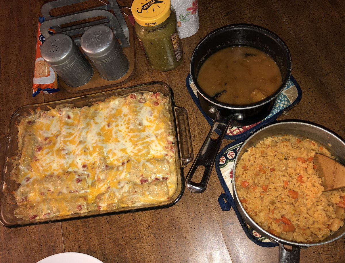 Chicken enchiladas, beans & rice all from scratch- babe’s favorite 