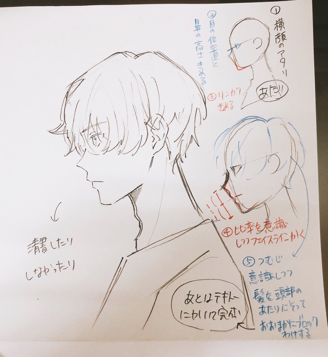 たっくん Twitterissa そいえば質問箱にこういう問いがあってさっきちょうど横顔落書きして思い出したのでふんわり答えてみる 自分は頭部と つむじ 分け目 ブロックを意識してって感じですかね 髪が浮いて見えるのは頭部に対して髪を厚く しているのか も