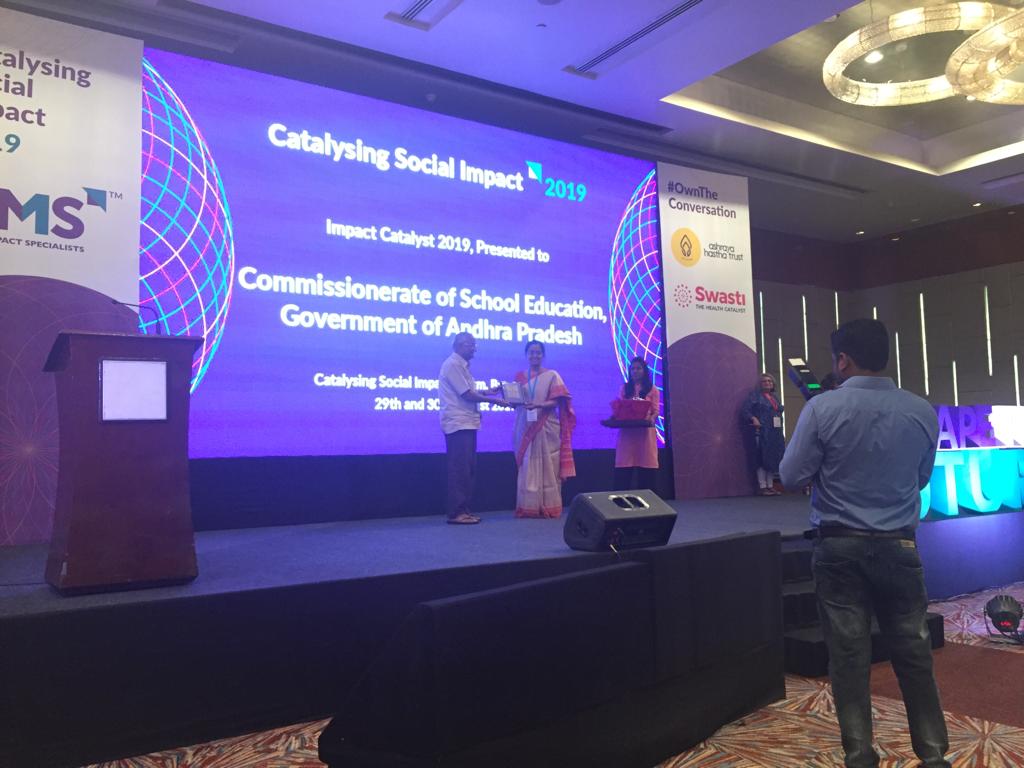 Impact Catalyst 2019 award to Commissionerate of School Education, Government of Andhra Pradesh for their amazing work.
<a href="/AndhraPradeshCM/">CMO Andhra Pradesh</a> <a href="/rajbudithi65/">Rajsekhar Budithi</a>
<a href="/BadiParivartana/">Badi Parivartana</a>

#CatalysingSocialImpact2019 #ShapeTheFuture  
#BadiParivartana