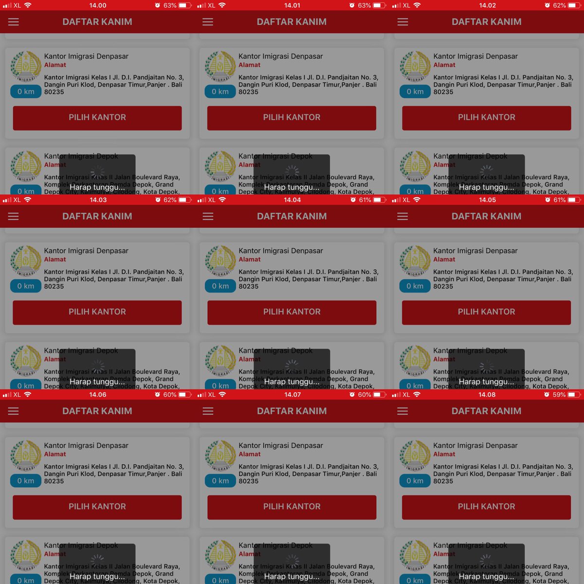 Hari ini saya udah mantengin aplikasi antrian online dari jam 14:00 kurang. Nunggu biar kuota dibuka. Pas jam 14:00, saya milih bikin di Depok. Jam 14:00-14:08 masih “Harap Tunggu”. Bisa cek di capture-an saya. <a href="/ditjen_imigrasi/">Ditjen Imigrasi</a> #SulitnyaDaftarAntrianPasporOnline