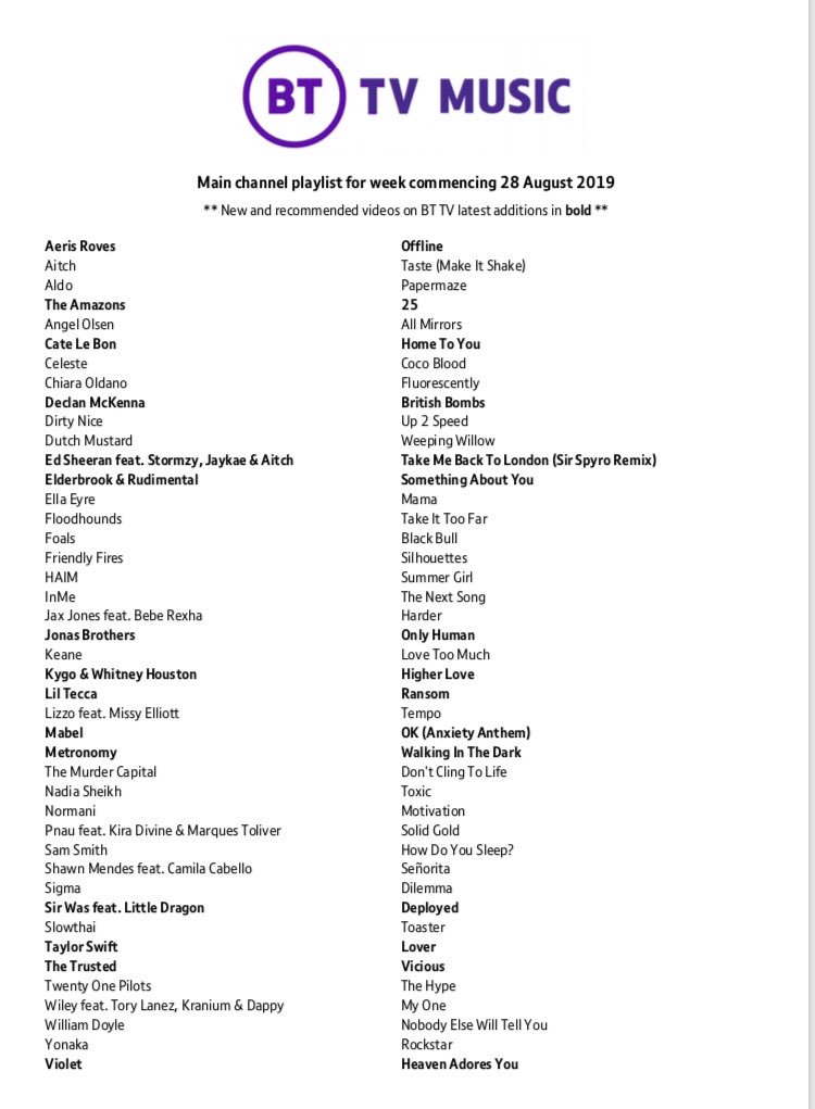 ✨📺✨ New BT TV Music Playlist! Latest additions include @aerisroves @violetsrblue_ @thetrustedband @DeclanMcKenna @sir_Was_SE @TheAmazons @CateLeBon @_elderbrook @metronomy + loads more. @bt_uk