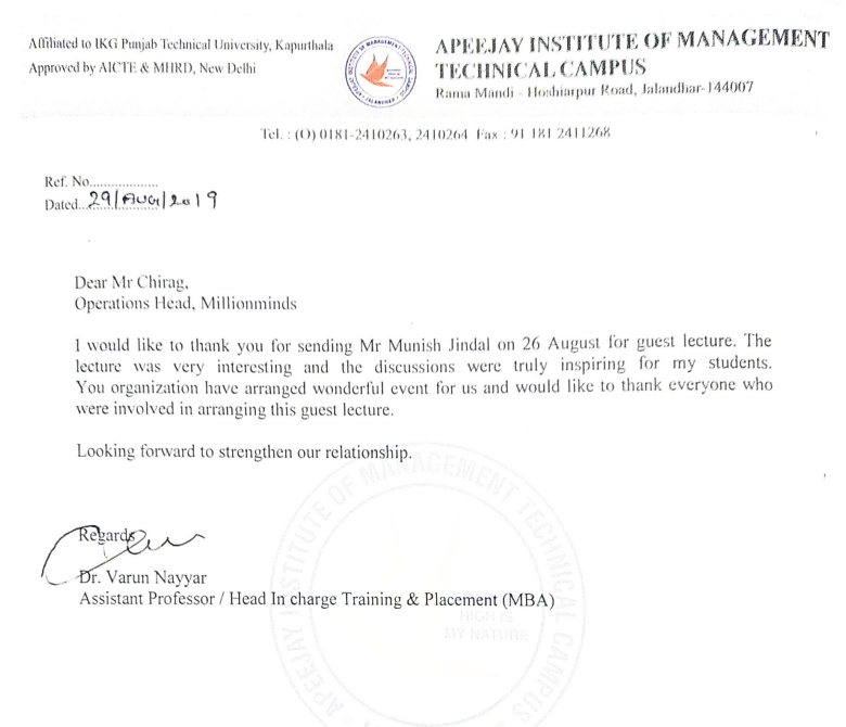MillionmindsInd's tweet photo. We are very glad to have received a Letter of Appreciation from @aimtcjalandhar where Mr. Munish Jindal, Founder &amp; CEO, HoverRobotix delivered Accelerate: The Startup Talk on #entrepreneurship arranged by @MillionmindsInd on 26th Aug'19
#TheStartupTalk #Entrepreneurs https://t.co/vo9xFvDARE