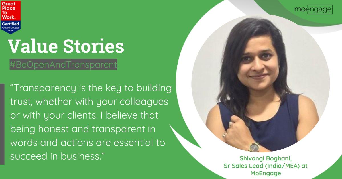 moengage's tweet photo. Meet Shivangi Boghani, Sr. Sales Lead (India/MEA) at MoEngage. Integrity and honesty are her mantras for success.
At MoEngage, we believe any work - small or big, paid or unpaid - should always be done with passion and sincerity.
#MoEngageValues #TeamMoEngage https://t.co/3gQxosNl9N
