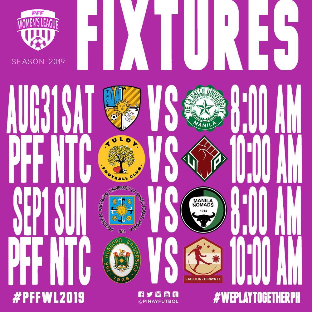 #PFFWL2019 FIXTURES for the 6th weekend at the PFF National Football Center in Carmona!

Matches may be livestreamed on facebook.com/pffwomensleague.

See you there! 💜

#WePlayTogetherPH #FilipinasFutbol