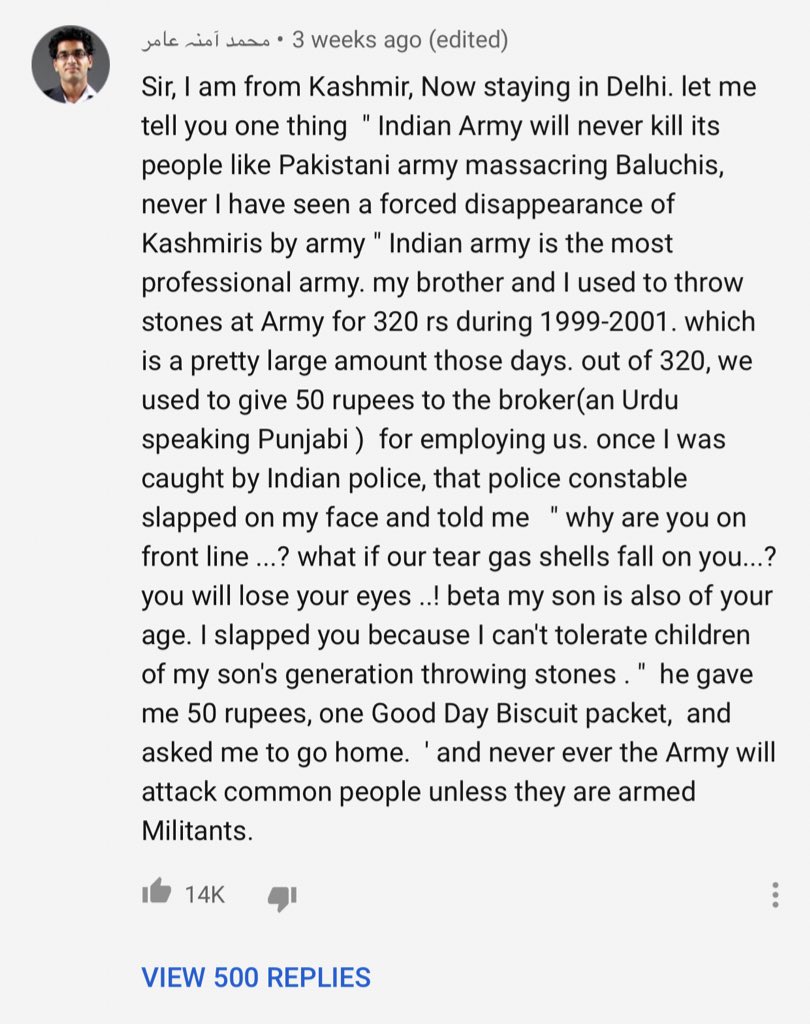 shacindananthan's tweet photo. This is the top reply of a YouTube video of a Pakistani man calling Pak’s bluff in Kashmir. Shows how kashmiri children were indoctrinated and used as shields and pawns by Pak to make it to the breaking news section. Kashmir chooses India,not the vile, inhumane &amp; immoral Pak Army https://t.co/T7Yay3FWsH