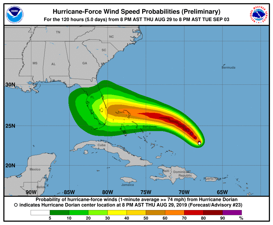 DrRickKnabb's tweet photo. Chances for destructive, life-threatening winds of #Dorian continue increasing at most Florida locations. No one knows where strongest winds will occur, but everyone coastal and inland on peninsula is at risk. Plan now for where you’ll shelter. Not in mobile home or high rise. https://t.co/GB2OHi5jqA
