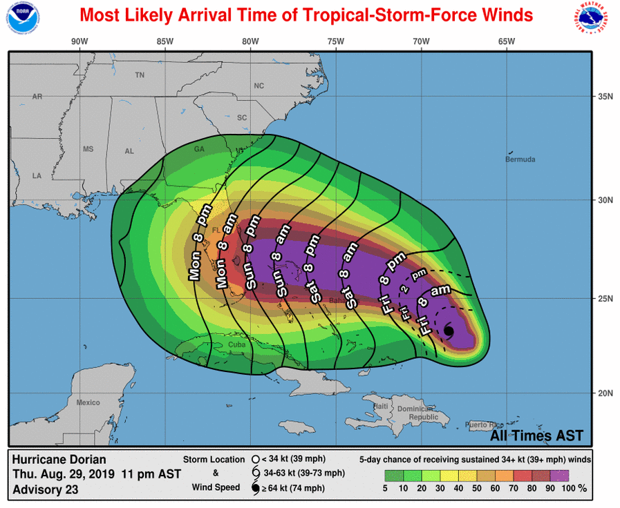 DrRickKnabb's tweet photo. Chances for destructive, life-threatening winds of #Dorian continue increasing at most Florida locations. No one knows where strongest winds will occur, but everyone coastal and inland on peninsula is at risk. Plan now for where you’ll shelter. Not in mobile home or high rise. https://t.co/GB2OHi5jqA