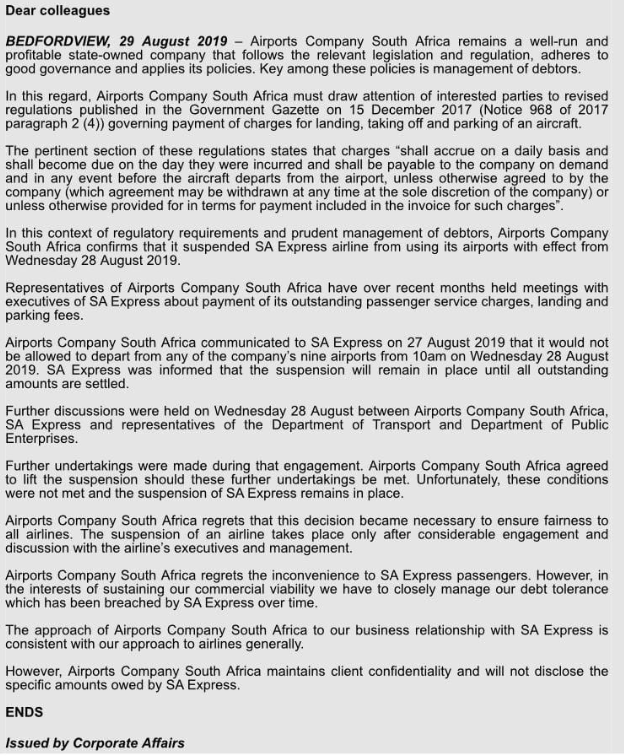 JacaNewswatch's tweet image. #SAExpress The Airports Company of SA (ACSA) has grounded all SA Express planes at the country's 9 airports. ACSA accuses the airline of not keeping to an agreement to pay fees for passenger services, land and parking of aircraft.