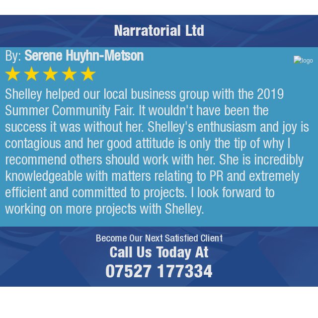 NarratorialL's tweet photo. 5 Star: Serene H. "Shelley helped our local business group with the 2019 Summer Community Fair. It wouldn't have..." https://t.co/5E7Zo5tqau https://t.co/PwwYTMhtwo