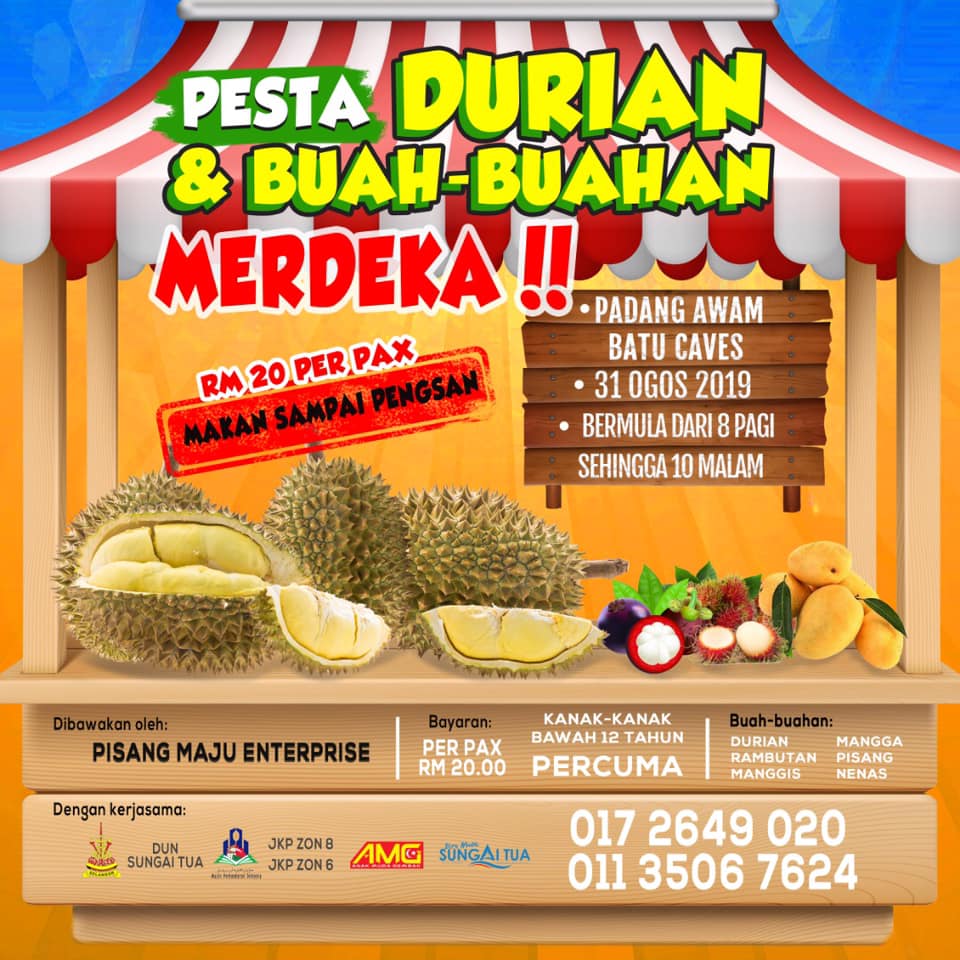 AsalGombak's tweet photo. PESTA DURIAN & BUAH-BUAHAN MERDEKA
•
MAKAN DURIAN DAN BUAH-BUAHAN TEMPATAN
SAMPAI PENGSAN!!!
•
#DURIAN #RAMBUTAN #MANGGIS #PISANG
#NENAS #LANGSAT #CEMPEDAK
•
TARIKH : 31 OGOS 2019
TEMPAT : PADANG AWAM BATU CAVES
MASA : 8.00 PAGI - 10.00 MALAM
JUMPA DISANA!! https://t.co/pchcjZXK9h