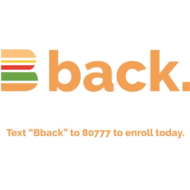 TheBurgerPatch's tweet photo. You’ve earned it 🏆 Text “Bback” to 80777 now to activate your $3 bonus and start earning an additional 5% cash back when you B back.
💵 🔙 4️⃣ 🍔 🍟 🥤 🍪 
Check out https://t.co/GiFntX00XQ for more details
#eatburgerpatch #bback https://t.co/HIkilCm6zV