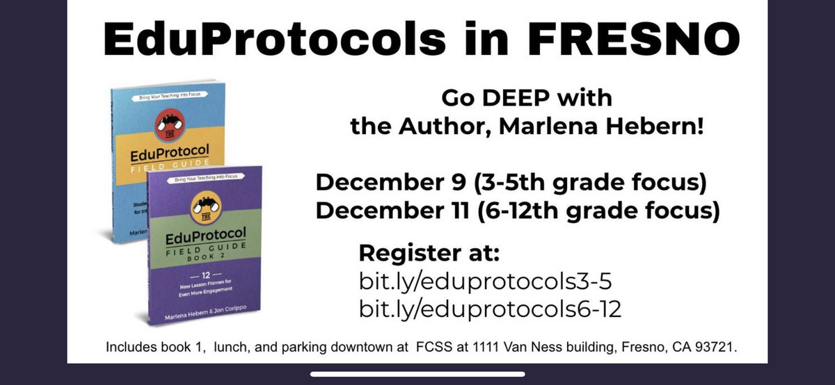 ANNOUNCING: EduProtocols workshop in Fresno: Dec 9 and 11. Open to all. Register here: bit.ly/eduprotocols6-… and bit.ly/eduprotocols3-5. This is the real deal with @mhebern!

<a href="/mendotahigh/">Mendota High School</a> <a href="/FirebaughMiddle/">FMS</a> @clovisunified <a href="/fresnounified/">Fresno Unified</a>