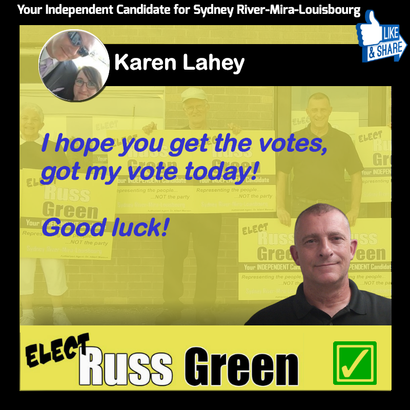 ElectRussGreen's tweet photo. Vote for Russ Green. Community before party https://t.co/h5iHO8gQH2 #capebreton https://t.co/61nKX0Ug9t