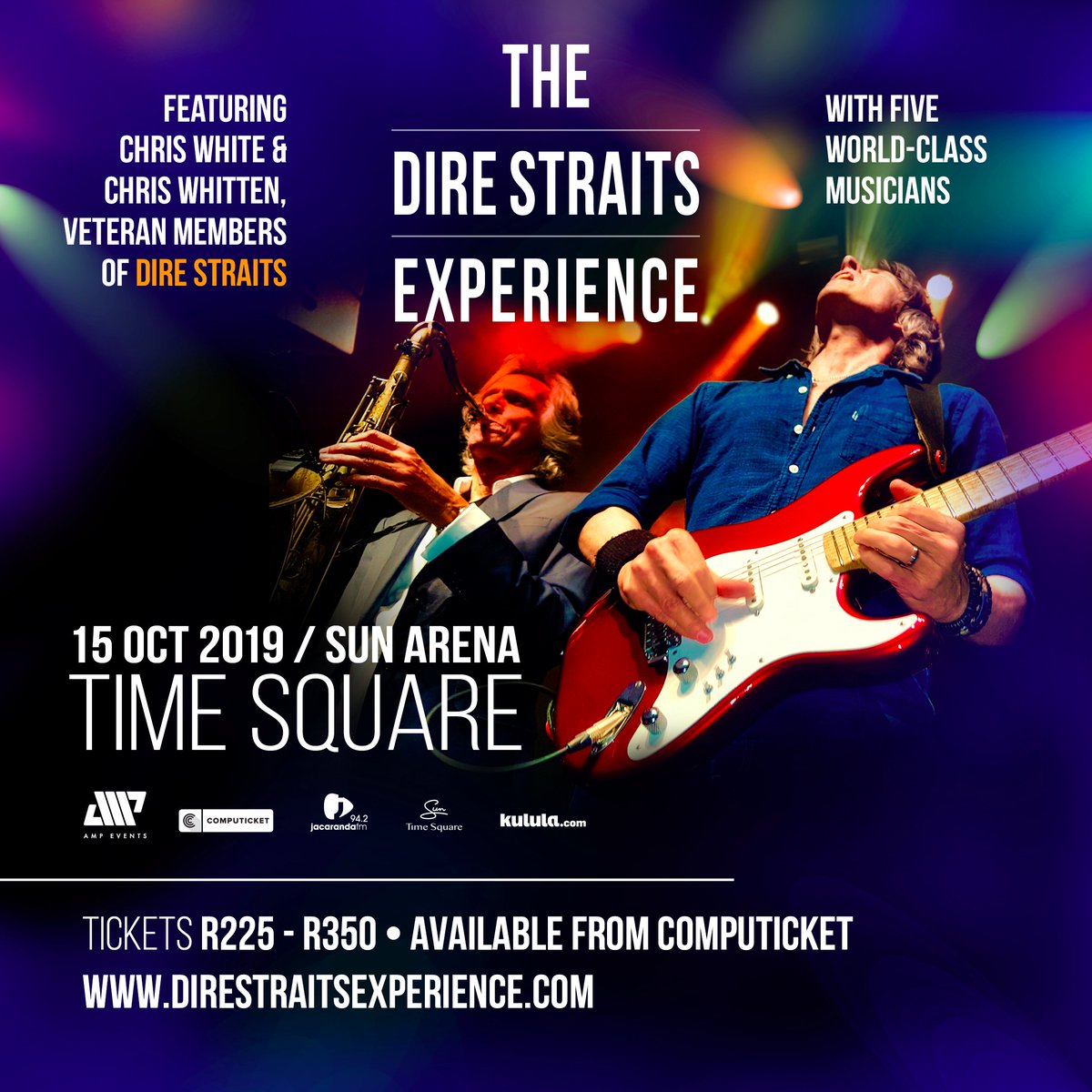 The Dire Straits Experience heads to SA! 1 night only, 15 Oct. Feat 2 x veteran Dire Straits members, Chris White + Chris Whitten. Tickets from R225, on sale today <a href="/Computicket/">Computicket</a>
All the hits incl Money For Nothing, Sultans of Swing
Sun Arena, Time Square.
#DireStraitsExperience