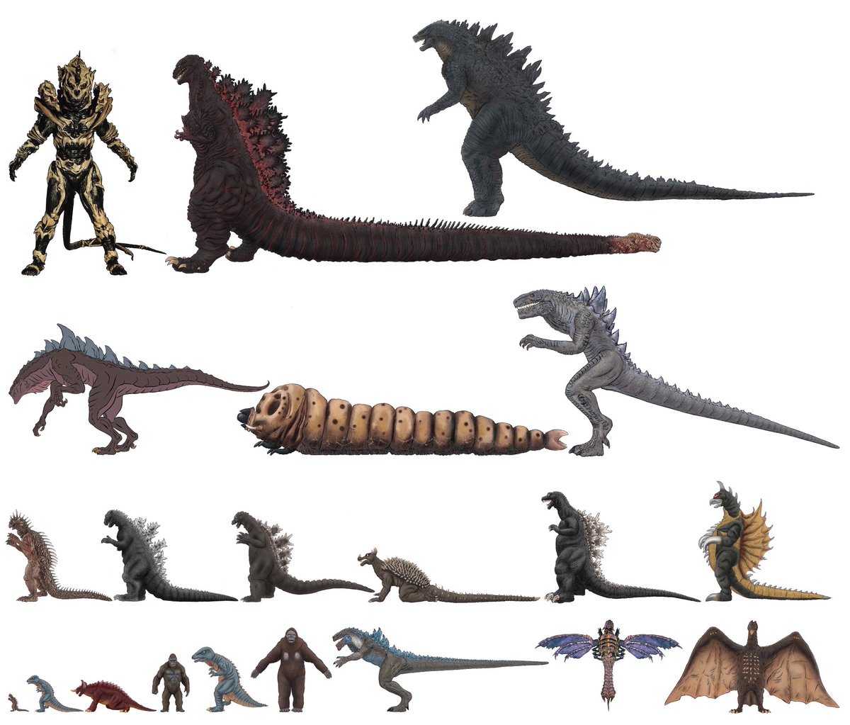 kaijuzilla's tweet image. Went back to work on the #kaijusizechart (made using official stats), since I haven’t worked on it in awhile. #varan #gorosaurus #baragon #kingkong #godzilla1998 #megaguirus #rodan #Godzilla #anguirus #gigan #godzillatheseries #mothra #zilla #monsterx #shingodzilla #godzilla2014