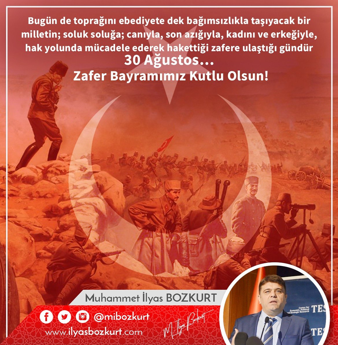 Bugün de toprağını ebediyete dek bağımsızlıkla taşıyacak bir milletin; soluk soluğa; canıyla, son azığıyla, kadını ve erkeğiyle, hak yolunda mücadele ederek hakettiği zafere ulaştığı gündür 30 Ağustos…
Zafer Bayramımız Kutlu Olsun!