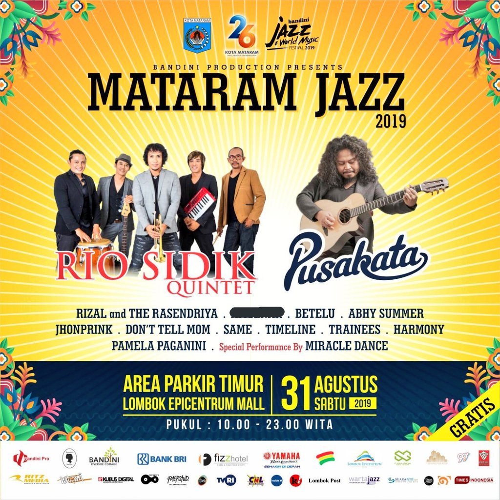 Hai Jazz Lovers Mataram, keseruan Mataram Jazz  akan kembali diselenggarakan di tahun 2019 ini. 
📌: sabtu , 31 agustus 2019
📍: area parkir timur Lombok Epicentrum Mall
Pukul: 13.00 - 23.00 Wita
.
GRATISS
.
see you at Mataram Jazz 2019 !!!!! 
.
#mataramjazz #jwm2019