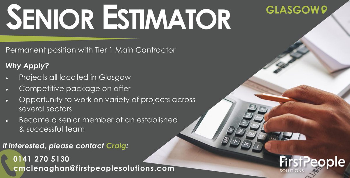 FPSrecruitment's tweet image. We have an excellent opportunity for a Senior Estimator with a Tier 1 Main Contractor in #Glasgow. Apply on our website: firstpeoplesolutions.com/jobs/senior-es… 🤞
#estimator #seniorestimator #tier1contractor #maincontracting #jobpostings