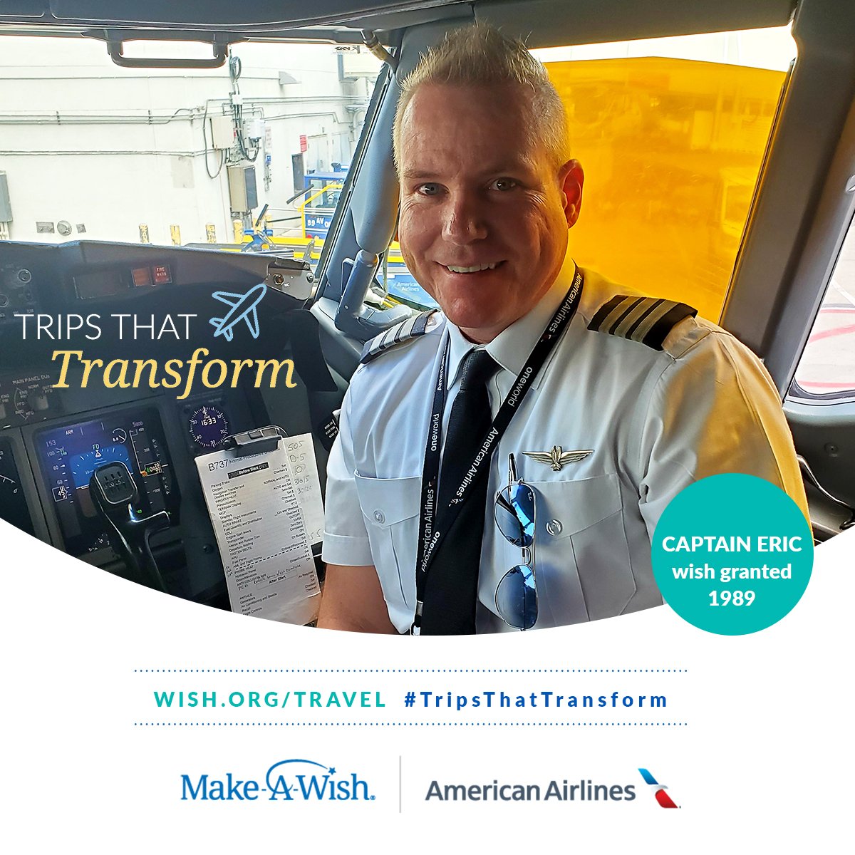 MakeAWishEastNC's tweet photo. Together w/ @AmericanAir, @makeawish made Eric’s wish to be a pilot come true in '89. Today, he is a pilot for the airline! 🛫 Join us to transform more lives, visit https://t.co/aIip6h18SG to donate miles or to make a cash donation. #TripsThatTransform 🌟 Make-A-Wish America https://t.co/Nq3Wbh44ZL