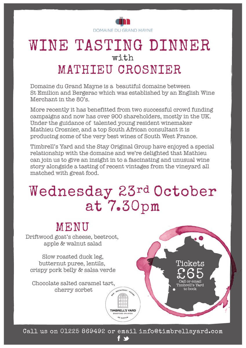 We’ve got a fantastic evening lined up at @timbrellsyard. Join us on Wednesday 23rd October to enjoy some delicious food with perfectly paired wine and to hear Mathieu Crosnier describe a fascinating and unusual wine story. Tickets are £65 and booking is essential. #winetasting