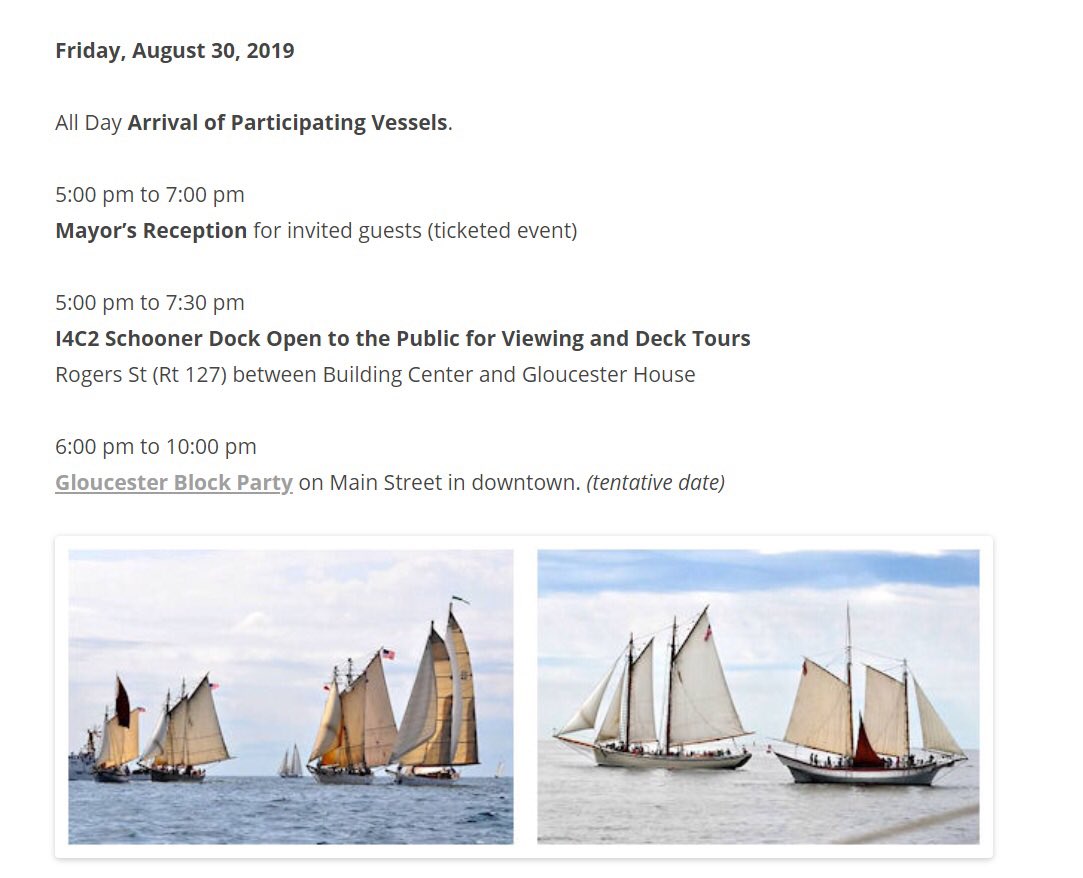 This is the Gloucester Schooner Festival schedule for Friday, August 30th! If you post about Schooner Festival, tag us, or use #SchoonerFestival19 !