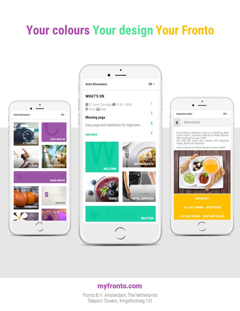 FrontoAssistant's tweet image. Your Colors, Your Design, Your Fronto #hoteltrends Design the digital hotel assistant Fronto according to your taste &amp;amp; brand.