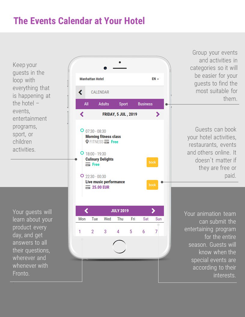 FrontoAssistant's tweet image. Do your #guests know the upcoming events at your #hotels? Let them know easily with #Fronto - The Digital Hotel Assistant. Enjoy the inspiring Calendar module 😍🎼👏