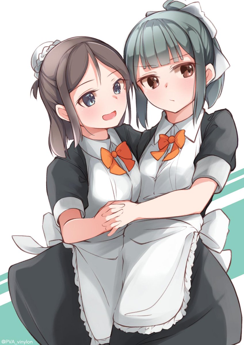 yuubari (kancolle) multiple girls 2girls apron alternate costume ponytail maid orange bowtie  illustration images