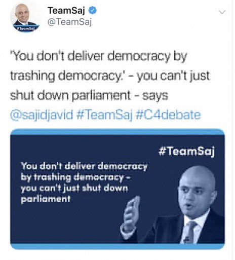 HuggablyGothic's tweet image. Look, @TeamSaj , I found a tweet you appear to have lost. Thought I’d help out and return it to its owner #ToryLies #DeletedTweet #ScreenshotSave #BrokenGovernment #democracyforsale #Brexcrement