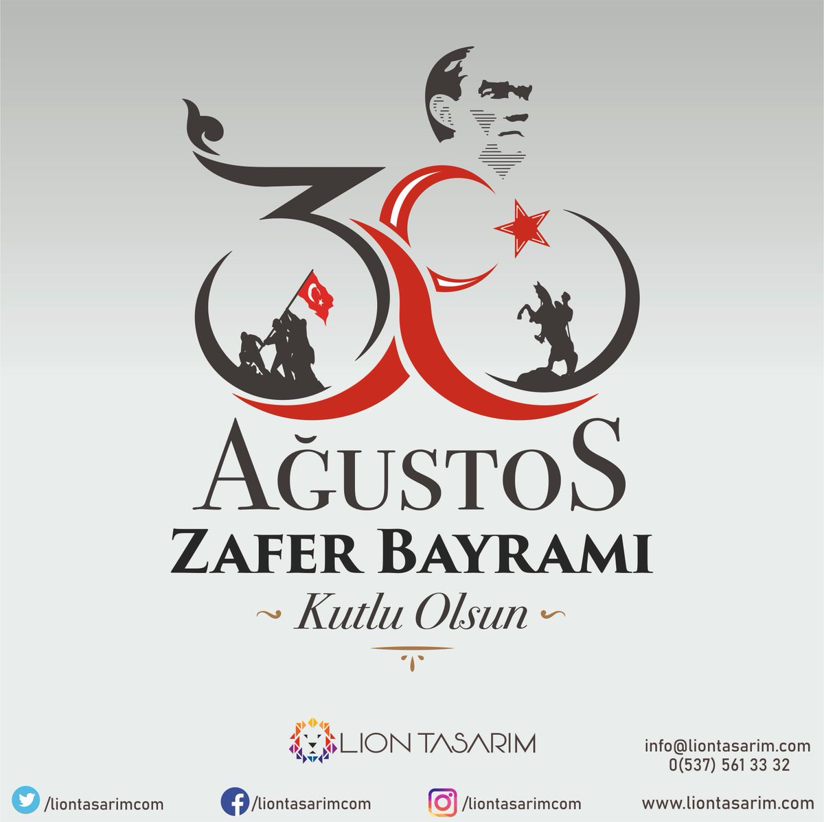 #30Ağustos Zafer Bayramımız kutlu olsun! Başkomutanımız Mareşal Gazi Mustafa Kemal Atatürk ile birlikte tüm millî mücadele kahramanlarımızı saygı, minnet ve rahmetle anıyoruz. 
Ne mutlu Türküm diyene!