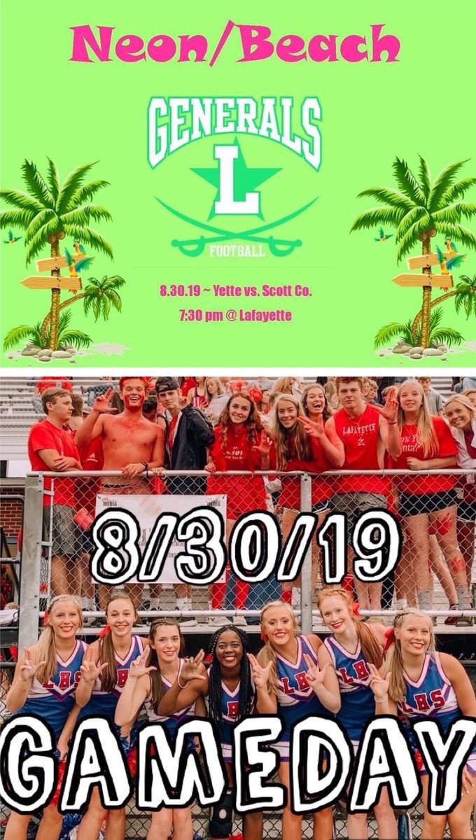 GAMEDAY!!!

🏝Beach theme🏝
🏈 vs Scott County
🕣 7:30pm
📍Ishmael Stadium

 @LafayetteFBall 
#GoGenerals #LsUp