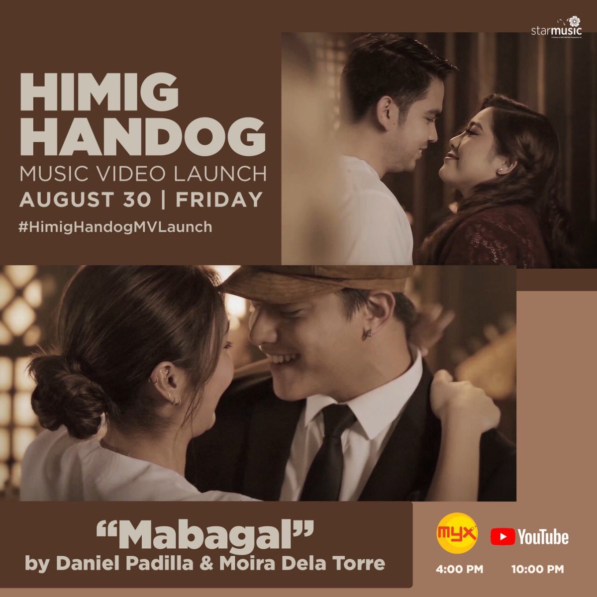StarMusicPH's tweet photo. “MABAGAL” by @imdanielpadilla &amp; @moirarachelle4 

🎬 4PM on MYX // 10PM on YouTube

#HimigHandogMVLaunch #DJPxMoiraMABAGAL https://t.co/QibUavpIEy