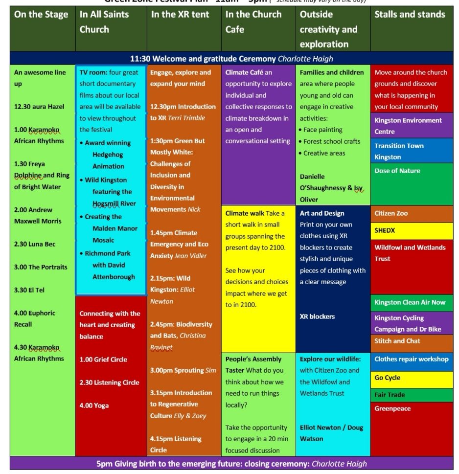 We have an amazing programme of talks, music and activities. We are looking forward to seeing you 11-5 <a href="/AllSaintsK/">All Saints Church</a> Sunday with <a href="/carnivalKT/">Kingston Carnival</a> @ttkingston <a href="/KingstonEco1/">Kingston Environment Centre</a> <a href="/KingstonXr/">XR Kingston upon Thames</a> <a href="/CitizenZoo/">Citizen Zoo</a> <a href="/BerrylandsNR/">Berrylands Nature Reserve</a> <a href="/KingstonGRadio/">Kingston Green Radio</a>