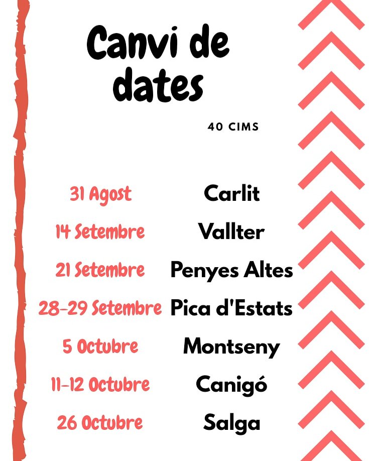 gefc79's tweet photo. ☆ CANVI DE DATES ☆ ⏪ Per causa del temos vam haver de canviar alguns #40cimsfentcamí 🧘‍♀️ Aquí teniu el calendari dels cims que ens queden. Les hores de sortida, llocs de reunió i informació de cada cim es manté igual que figura al pasaport.
⛰ Us esperem el 31 per fer el Carlit https://t.co/unXwPf9H7L