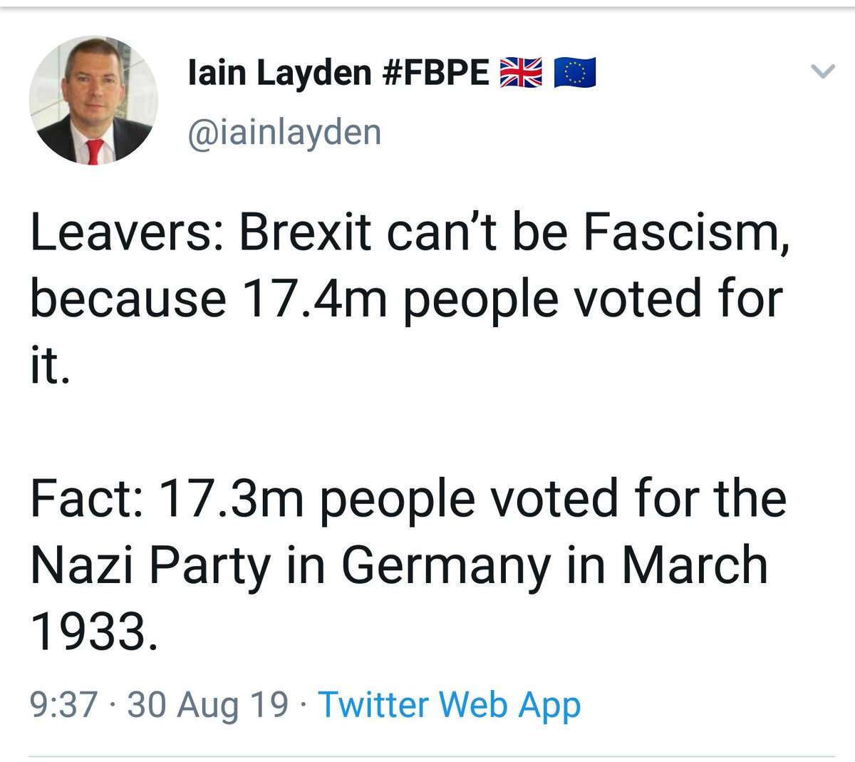 Ongoing thread about Holocaust as metaphor; must add a few examples of "Brexit Is Like Nazi Germany", although in this case it's even madder because they aren't using it as a metaphor, they are suggesting all leave voters are actually proto Nazis. (I voted remain.)