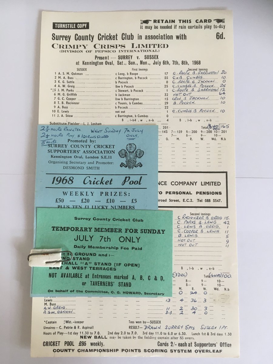 MerlinBooks's tweet image. **ENDING TODAY**
Surrey v Sussex Cricket Scorecard &amp;amp; Ticket (The Oval, Sunday July 7, 1968)

Starting bid £4.99 FREE P&amp;amp;P

ebay.co.uk/itm/1740067769…

@SkyCricket @surreycricket @SussexCCC @SkySportsNews  #ashes #Ashes2019  @WisdenAlmanack @BBCSport @OfficialBHAFC @brightonargus