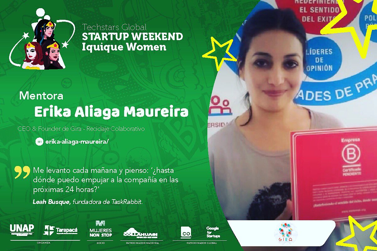 swiqq's tweet photo. 🙌Mentora del Evento....CONFIRMADA‼️

👷🏼‍♀️Erika Aliaga
CEO &amp; Founder de Gira - Reciclaje Colaborativo

🚀Global Startup Weekend Iquique Women...ven y participa para representar a Chile en el ✈️ Global de Singapur😁🦁

Tus tickets en 👉 https://t.co/UgZdUhNB8P https://t.co/IkPBGgI9pL