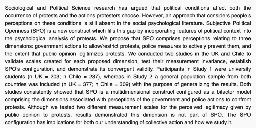 ProfJohnDrury's tweet photo. New and *open access* at @JSPP_PsychOpen
Including Political Context in the Psych Analysis of Collective Action: Development and Validation of a Measurement Scale for Subjective Political Openness, by @pjsaavedram
A new scale useful to collective action researchers - please RT https://t.co/B6Ln5OAhCS